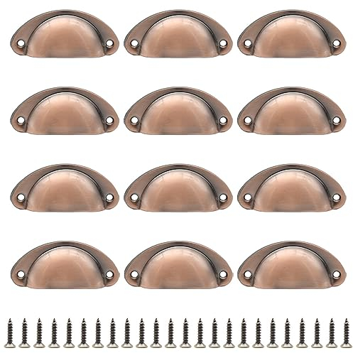 Hocansen 12 PCS Shell Cup Handles 81mm Metal Drawer Pull Handles Red Bronze Shell Shape Handle Knobs Semicircle Cup Handle with Screws for Wardrobe, Cupboard and Drawer (Red Bronze/LS-BK)