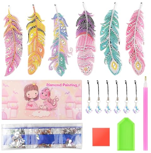 Diamond Painting Lesezeichen 6 Stück,Diamant-Malerei Feather Lesezeichen,DIY Lesezeichen Bastelset mit Kristall Anhänger,Geschenk mädchen bastelset,Feather Anhänger