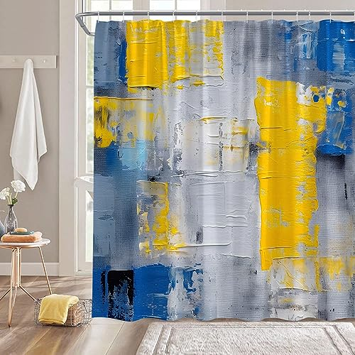 ZNLSU Duschvorhang-Set mit Haken, abstraktes Gemälde, moderne Kunst, Stoff, Blau, Gelb, Grau