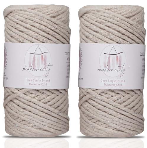 Makromecity, 2 Knäuel Makramee Schnur 3mm x 100 Yards Makramee Schnur 3mm Gedrehtes Makramee Garn, Makramee Schnur für Makramee Federn, Recyceltes Baumwollkordel Garn (Latte, 2 Knäuel)