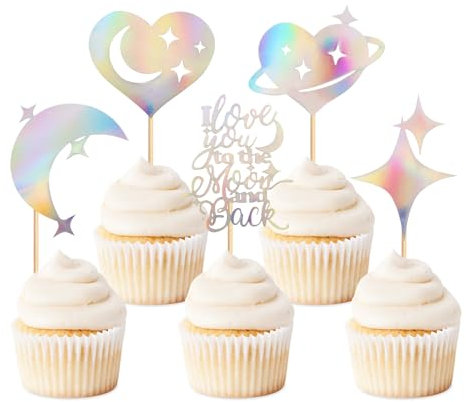 Keaziu 25 Pack Valentine's Cupcake Toppers Silver Moon Star Cupcake Picks I Love You to the Moon and Back for Wedding Bridal Shower Sweet Love Theme Party Cake Decoration Silver Star
