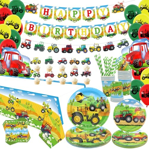 ENCETARDE Geschirrzubehör für Traktor-Geburtstagspartys für 20 Personen – inklusive Traktor-Happy-Birthday-Banner, Teller, Servietten, Becher, Strohhalme, Tischdecke, Luftballons, für Barnyard Farm Pa