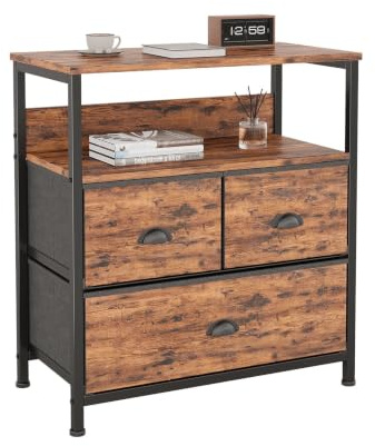 CAIYUN Bedside Table Cabinet with 3 Drawers for Bedroom, End Table Sofa Sid with Storage for Living Room, Nightstand with Metal Frame and Open Shelf, Wooden Nightstand, Brown