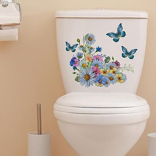 Butterflies Toilets Lid Stickers, Removable Vinyl Botanical Flower Toilets Seat Cover Decal, Plant Leaves Flowers Toilet Seat Lid Stickers, DIY Removable Waterproof Sticker,Toilet Accessories