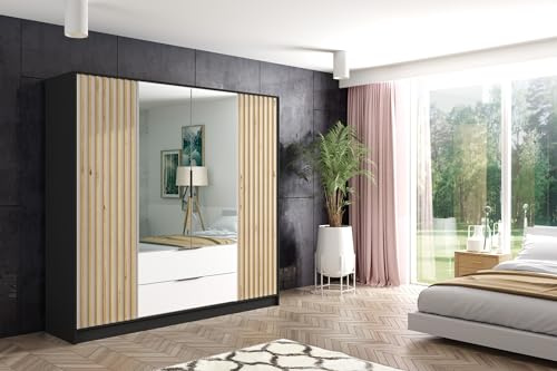 ALTDECOR Kleiderschrank mit Spiegel und selbstschließenden Flügeltüren mit Lamel - NERA - 200 cm Schwarz/Weiß/Artisan