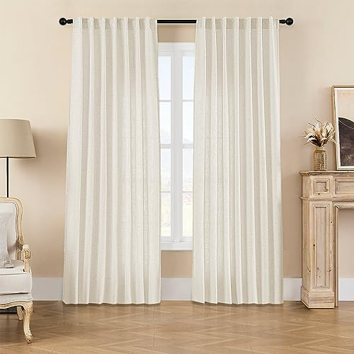 Joydeco Lot de 2 Panneaux de Rideaux en Lin filtrant la lumière, Ivoire sur Lin de 274,3 cm de Long, Rideaux crème avec Passe-Tringle et Languette arrière (274,3 cm de Long x 254 cm de Large x 254 cm