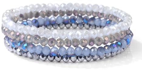 Damen Kristall Perlen Armband, Mehrschichtiges Steine Armband Boho Kristall Stein Perlen Armbänder Modeschmuck Geschenke für Frauen Mädchen (Blau Grau)