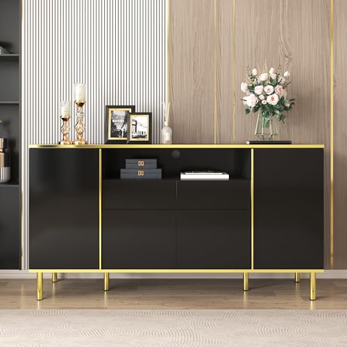 Ctastay Vitrine Sideboard 150x40x80 cm mit LED-Beleuchtung, Stauraum Schrank mit Schublade, Küchen-Sideboard, Esszimmer-Kommode, Schwarz