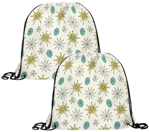 Turnbeutel mit Kordelzug, Turnbeutel aus Polyethylen, personalisierbar, für Schule, Fitnessstudio, Sport, Reisen, 1950er Jahre Vintage Atomic, 2 Stück, multi, 13.4x13.0in/34x33cm