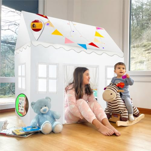 THINGSSOL© Casita Grande para Niños | Tienda campaña Infantil con Alfombra, Luces, Banderas y Tatoos. Tela Impermeable para Interior y Exterior de 6M-13 años