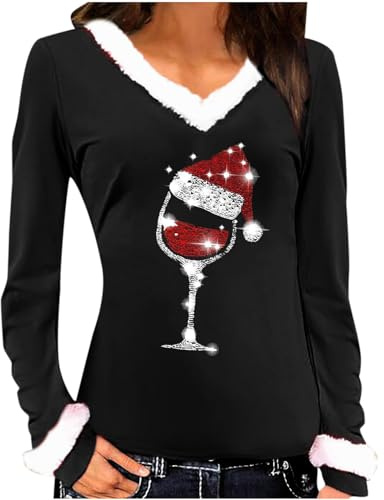 luoluoluo Women Xmas Sweatshirt UK, Ladies V Neck Christmas Jumpers Funny Graphic Wine Glass Shirts Casual Long Sleeve Pullover Novelty Oversized T Shirts Fleece Sweatshirts Loose Fit Tops Blouse