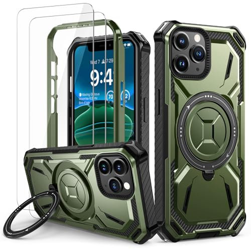 Lanhiem für iPhone 11 Pro Max Hülle mit 2 Stück Schutzfolie, 360° Ring Ständer Schutzhülle, Militärischer Stoßfest Handyhülle für iPhone 11 Pro Max Case, Grün