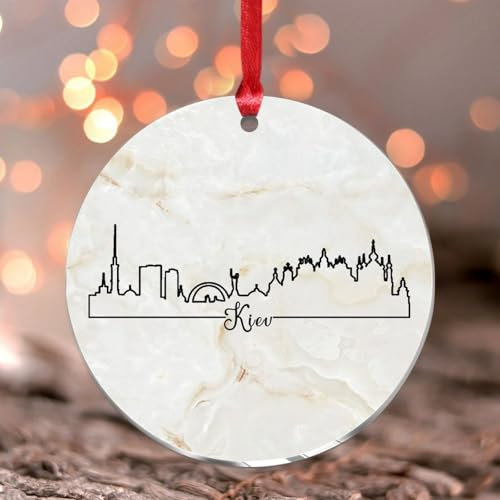 Ukraine Kiew Weihnachtsschmuck Stadt Wolkenkratzer Gebäude Silhouetten Rund Weihnachtsbaum Ornament Andenken Staatskarte Acryl Weihnachtskugel für Feiertagsdekoration
