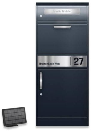 Metzler Briefkasten und Paketbox mit LED Beleuchtung rostfrei & massiv, paketbox draussen groß XXL, Standbriefkasten beleuchtet solar, Paketkasten in RAL7016 Anthrazitgrau mit Namensgravur, Bispo 2