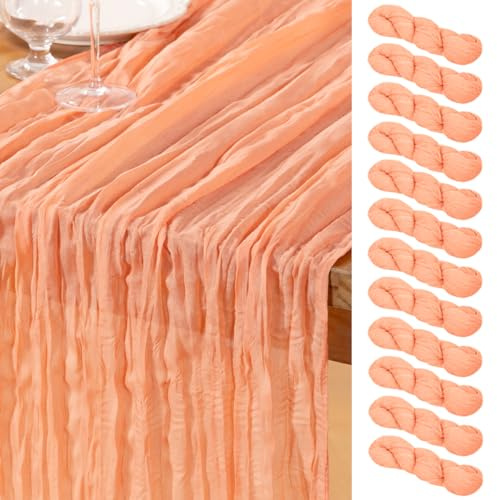 DeZerlor Pfirsichfarbener Seihtuch-Tischläufer 12er Pack Frühling Ostern Tischläufer Boho Gaze 305 cm Käsetuch Tischdekoration für Hochzeit Braut Babyparty Partys