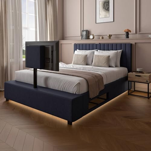 X-Rocker Maisie Velvet King Ottoman TV Bed Frame with Rotating TV Mount, Ottoman Underbed Storage and Ambient Underbed RGB LED Lighting King 5ft Fabric Bedstead XR LIVING - Navy Blue
