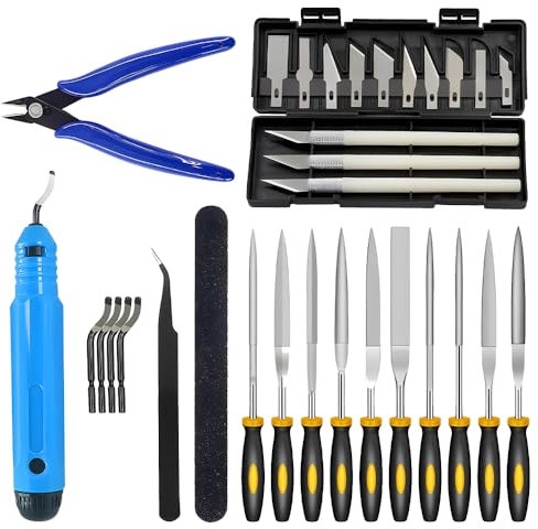 BAUSATZ 35 Pieces 3D Printer Accessories, Deburring Tool, Needle Files, Carving Knife Set, Tweezers, Pliers, Polished Bar, 3D Printer Tool Kit Deburring Tool for Plastic 3D Printing Finishing Tools