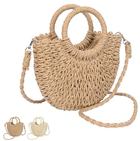 Minicloss Straw Beach Bag for Women Hand Woven Tote Bag, Woven Summer Handmade Shoulder Bag Beach Bag with Strap, Top Handle Handbag Straw Bag for Women Girls Holiday Travel Shopping Daily Use