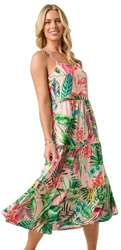 Roman Petite Tropical Strappy Tiered Dress for Women UK - Ladies Everyday Holiday Spring Summer Square Neckline Comfy Soft Evening Vacation Work Party - Petite Pink - Size 18