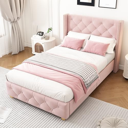 Letto imbottito 90 x 200 cm, con rete a doghe e testiera, imbottitura a bottoni, imbottitura rivetti, gambe in legno, velluto (rosa)