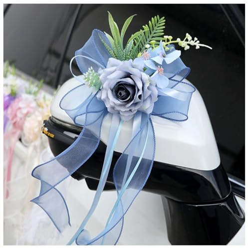 4 Stück Autoschleifen Hochzeit Autoschmuck Hochzeitsauto Deko Schleife Blau | Künstliche Blume Schleifen mit Organza-Band, Mit Saugnäpfen, Hochzeitsschleifen fürs Auto Rückspiegel Türgriff