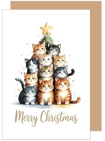 Edition Seidel Premium Grußkarte zu Weihnachten mit Umschlag. Glückwunschkarte Weihnachtskarte Karte englisch für Frau Mann Retro Merry Christmas Xmas Weihnachts katzen (W1144 SW025)