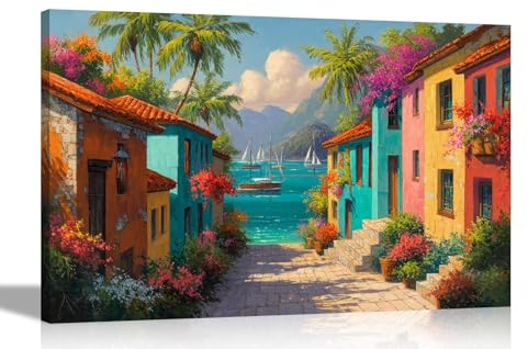 Artley Prints - Colourful Caribbean Town Ocean ViewCanvas Wall Art Landscape Print for Living Room Décor Pictures Great Gift Extra Large 101 x 76cm (40 x 30 inches)