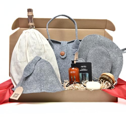 SAUNA GURU Deluxe Sauna Geschenkset – Sauna Tasche, Birken Saunabesen, Saunahut, Sauna Aufguss, Filz-Handschuh, Sitzkissen, Duschgel mit Kiefernduft, Sauna Seife & Körperbürste – Premium Sauna Zubehör