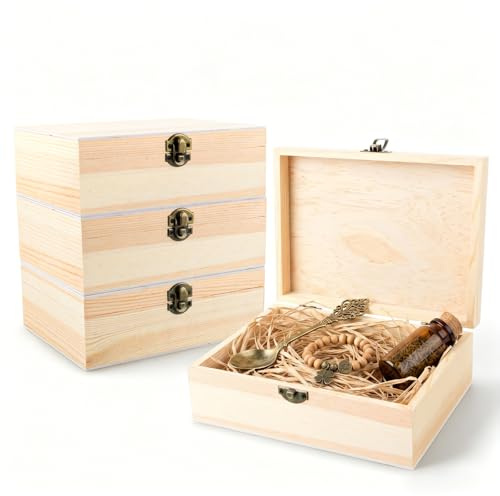 Oungy 4 Stück Holzkiste mit Deckel, 20x15x6cm Holzbox mit Deckel Kleine Holzkiste, Holzkiste Klein mit Scharnieren und Schloss, Schatzkiste Holz Schatztruhe Klein zum Bemalen, Holztruhen, Schatzkiste