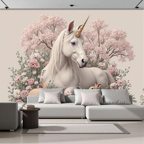 DACRWEKZ Papier Peint Panoramique Art fantastique Lapin licorne fleur rose 350x256cm Mural 3D,Décoration Murale Premium,Pour Salon,Chambre Adulte,Chambre D'Enfants & Bureau