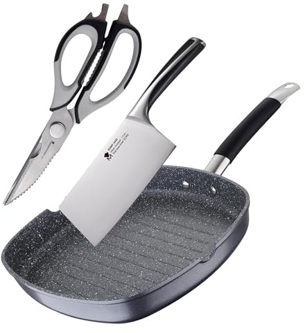 Set de Sartén Grill 28x28x4,5cm en aluminio forjado + Cuchillo macheta de 17,5cm y Tijeras 23cm en acero inoxidable MasterPRO