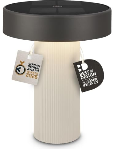 BRILONER - Poga LED Tischlampe kabellos IP44 mit Solar, Touch, Dimmbar, Warmweiß, Tischlampe Akku, Nachttischlampe, Solarlampen, German Design Award Winner 2026, 16x20 cm, Altweiß-Anthrazit