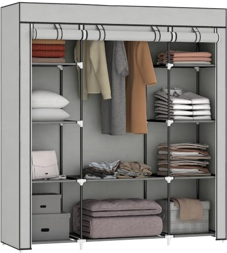 HOMCOM Portable Wardrobe Foldable Dress Rack 150 x 43 x 162.5 cm Light Grey | Hanging Rail, Fabric Wardrobe, Clothes Storage Organiser, Shelves, Fabric Cover, for Bedroom