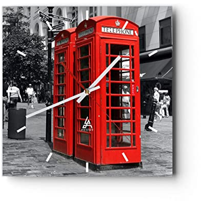 Modern Wanduhr Großbritannien London Telefon Straße 40x40cm Quadrat Groß Wand Uhr Glas Analog Zimmeruhren Küche Büro Wohnzimmer Glasuhr Wall Clock Dekoration Design Küchenuhr C3AC40x40-0364