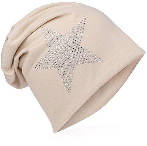 Miobo Jersey Slouch Beanie Long Mütze Stern mit Strass Stern Applikation,Beige