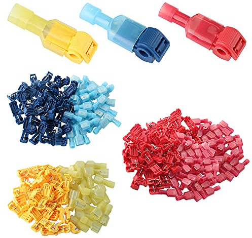 QitinDasen 150Pcs (75 Pairs) Premium T-Tap Wire Terminals Kit, T-Tap Self-Stripping Wire Connectors with Nylon Fully Insulated Male Quick Disconnect (Red 60Pcs, Blue 50Pcs, Yellow 40Pcs)