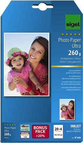 SIGEL Inkjetpapier Photo Paper Ultra, 10 x 15 cm, 260 g/m², weiß, hochglänzend (24 Blatt), Sie erhalten 1 Packung á 24 Blatt