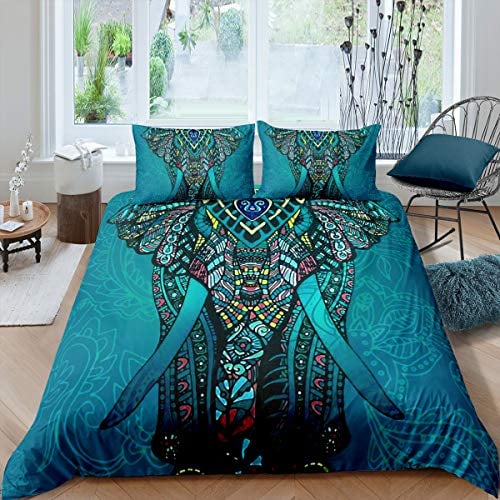 Elefant 3D Print Bettwäsche Set 3 teilig 155x220cm + 80x80cm Indischen Ethnischen Stil Mandala Blumen Bettbezug Boho Exotic Weiche Microfaser Betten Set mit 2 Kissenbezug, Bunt, Reißverschluss -Grün