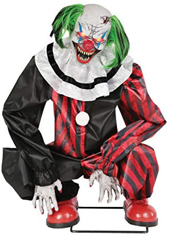 Hockender Horror Clown Animatronic mit Bewegung und Sound als Halloween Dekoration