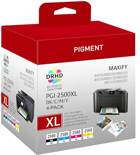 4er-Pack 2500XL Kompatibel für Canon PGI-2500XL PGI 2500 XL Multipack Druckerpatronen für Canon Maxify MB5050 MB5150 MB5155 MB5300 MB5350 MB5400 MB5450 MB5455 iB4050 iB4150 (Schwarz, Blau, Rot, Gelb)