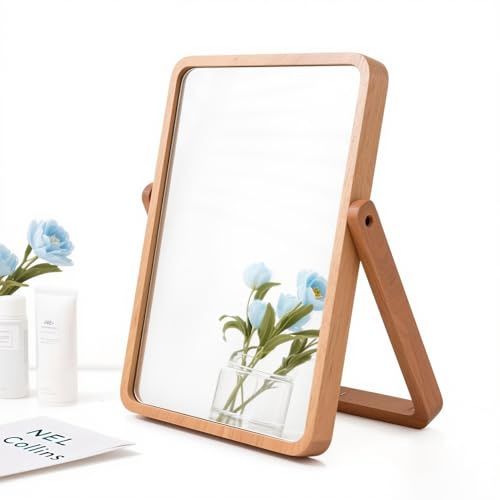 ZOROSY Desk Makeup Mirrors with Wood - Rectangle Wall-Mounted Mirrors Table Mirrors for Living Room Bedroom Birthday Gifts (10.5 L x 7.8 W)