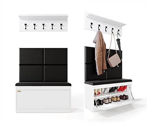 PLATAN ROOM Wand-Garderobe Set mit Garderobenpaneel & Schuhschrank & Hängeschrank 100 cm Flurgarderobe Garderobenset Flur Eiche Holz Weiß (3-TLG. Mir 4 paneel, Weiß)