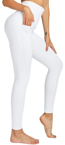COOLOMG Damen Leggings Yoga Hose Hohe Taille Sporthose Laufhose Training&Fitness mit Taschen Weiß M