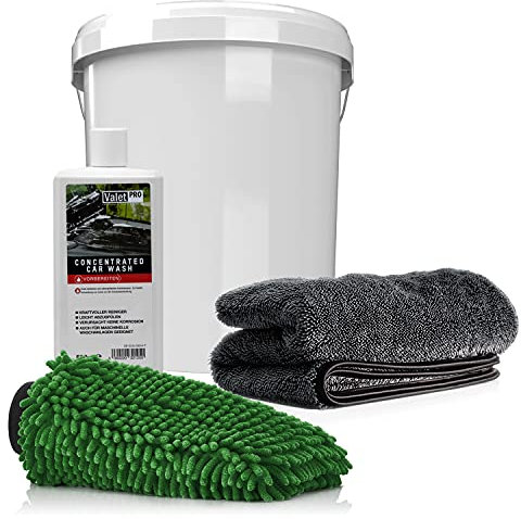 detailmate Auto & Motorrad Wasch Set: ValetPRO Concentrated Car Wash 500ml + Wascheimer mit passendem Deckel + Mikrofaser Chenille Waschhandschuh + saugstarkes Trockentuch, 50x80cm, 1000GSM