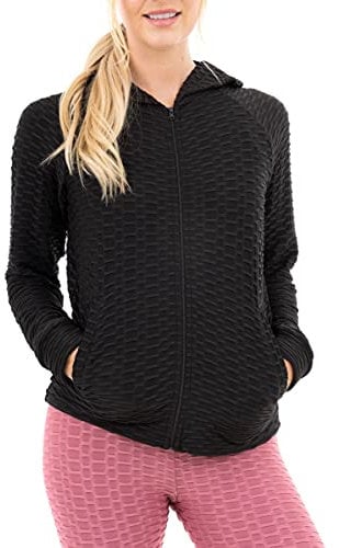 M17 Womens Ladies Solid Full Zip Textured Honeycomb Stretchy Sportswear Gym Running Yoga Jacket (XL, Black)