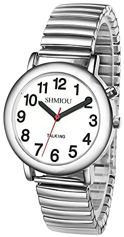 SHMIOU Englisch sprechende Armbanduhr Unisex für Blinde Sehbehinderte ältere Mann Frau Männer Damen Expansionsband Quarz mit Alarm, weißes Zifferblatt, silberner Rahmen, Adidas Sportschuhe mit