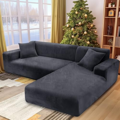 NAKIHOUSE Dicke Samt Sofa Überwürfe Sofabezug mit einem Kissenbezug, Superweicher Elastische Sofa Abdeckung in Grau Farbe für 1/2/3/4 Sitzer(L-förmiges Ecksofa erfordert Zwei)