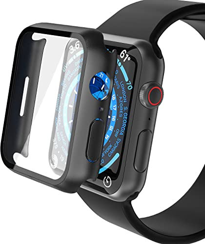 YoLin [2-Pack Hard Protective Case with Tempered Glass Screen Protector Compatible Apple Watch Series 9 / Series 8 / Series 7 45mm, PC Ultra-Thin All-around Cover For iwatch 45mm (2 Black)