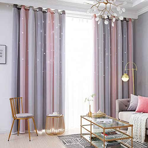 Loyala Tende con motivo stelle, rosa e grigio, tende, blocco della luce, 2 pannelli, 132 x 248 cm, camera da letto