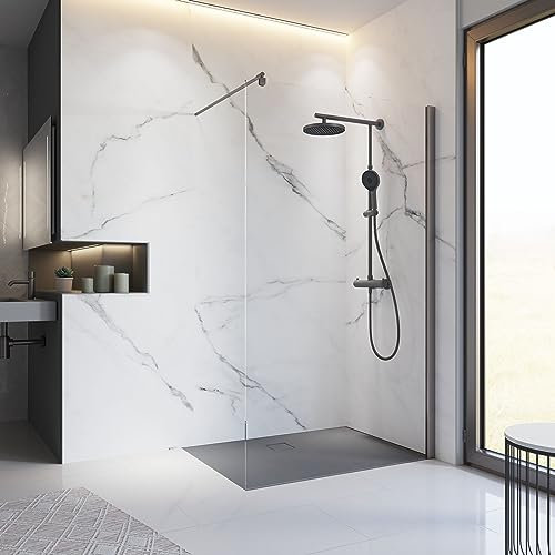 Schulte paroi de douche fixe à l'italienne 90 x 200 cm, barre 122 cm incluse, profilé gun metal, montage gauche droite, verre de sécurité transparent 6 mm antical, plage de réglage 88.0-90.5